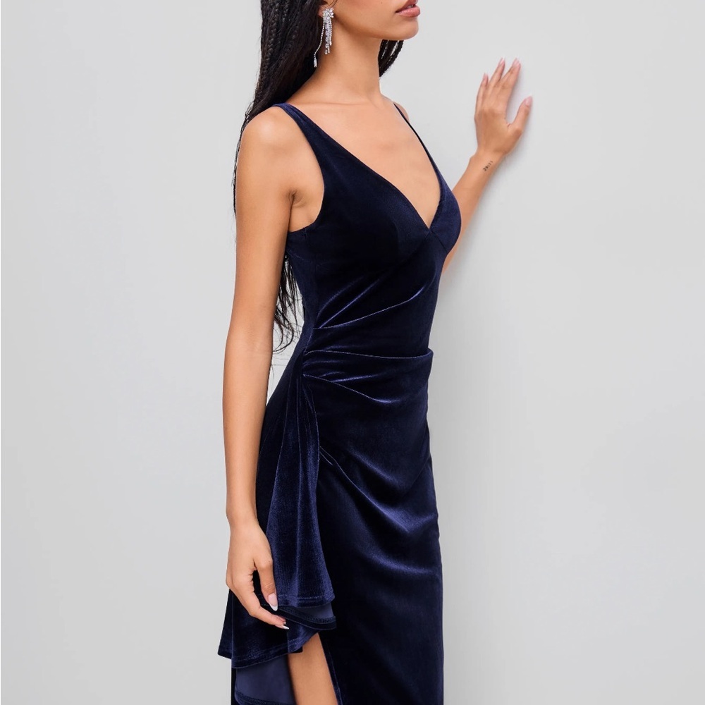 VELVET NAVY INDIGO V-NECK SPLIT RUFFLE HEM MAXI SLEEVELESS V NECK DRESS - Picture 4 of 8